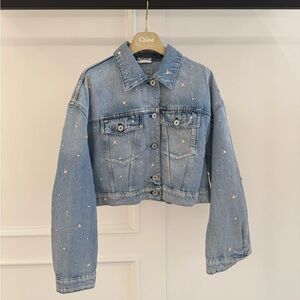 🚩steal authentic Miu Miu Blue Denim Jacket with Pink Embellishments